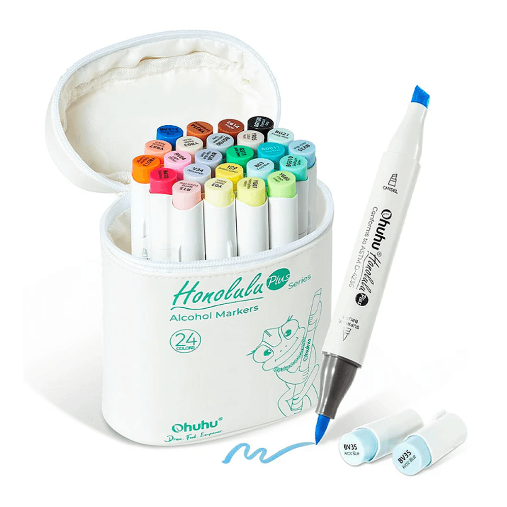 Ohuhu Honolulu PLUS Marcadores al Alcohol Doble Punta (Biselada y Pincel Supreme) - Set 24 Colores