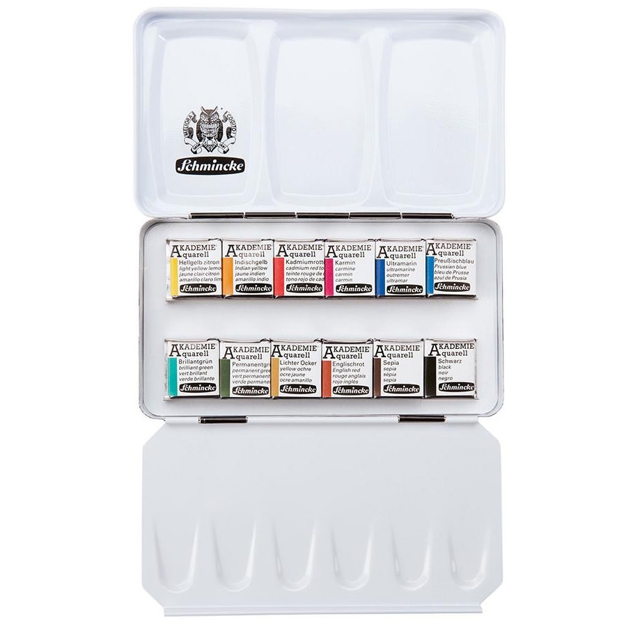 Schmincke Akademie Acuarela caja metálica (1/2 pastilla) - set de 12 colores