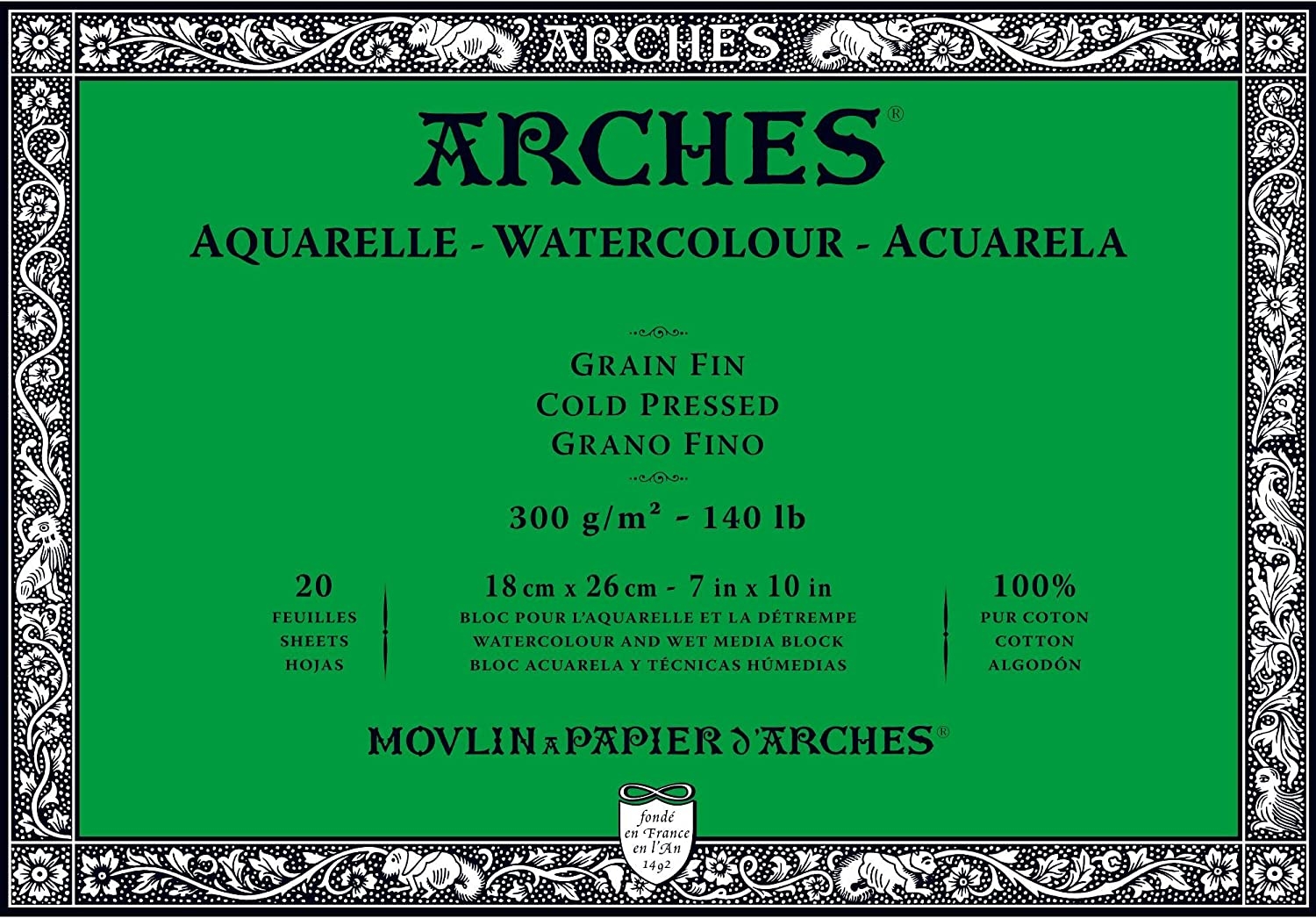 Arches Watercolor Grano Fino 100% Algodón (18 X 26 cm) - 20 Hojas de 300 Gsm