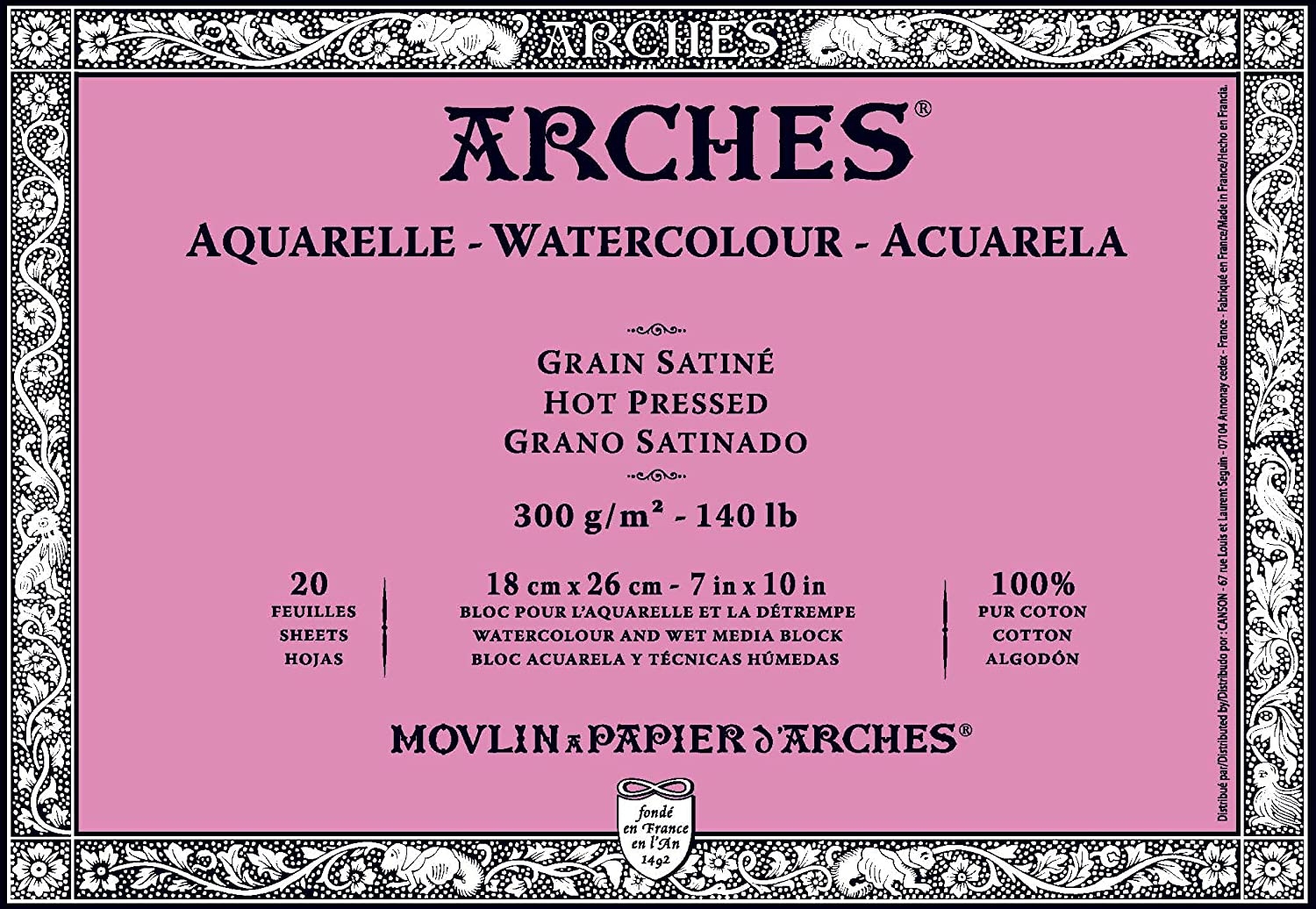 Arches Watercolor Grano Satinado 100% Algodón (18 X 26 cm) - 20 Hojas de 300 Gsm